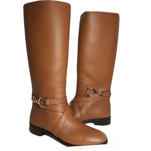 Salvatore Ferragamo Women Tall Boots Sarah Cognac Leather Gold Hardware sz 10